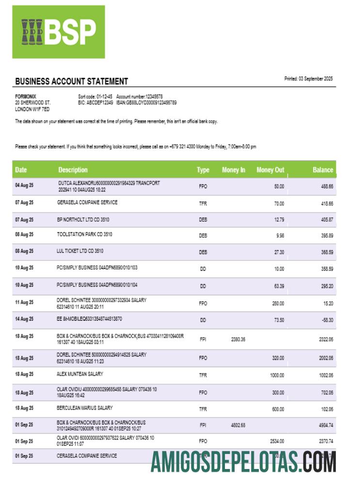Extrato bancário do Bank Of South Pacific Business em formato Word e PDF exemplo real